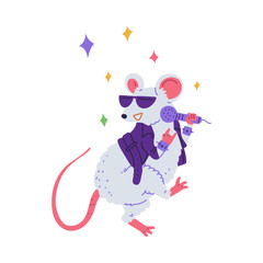 Cartoon Rock star mouse singing to microphone and dancing, vector cute rat song performance, show the rock sign with paw
