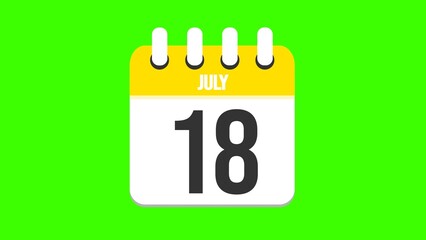 July 18. Cartoon style calendar. Cartoon style calendar with date and month name on green chroma key background. 4k.