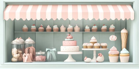 there are many cupcakes and cakes on display in a window