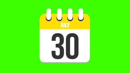 July 30. Cartoon style calendar. Cartoon style calendar with date and month name on green chroma key background. 4k.