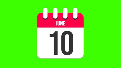 June 10. Cartoon style calendar. Cartoon style calendar with date and month name on green chroma key background. 4k.
