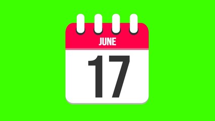 June 17. Cartoon style calendar. Cartoon style calendar with date and month name on green chroma key background. 4k.