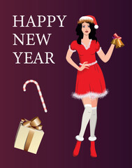 Santa girl with bell and gifts. Vector.