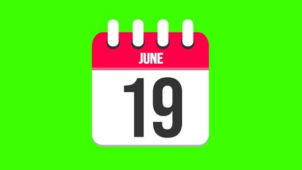 June 19. Cartoon style calendar. Cartoon style calendar with date and month name on green chroma key background. 4k.