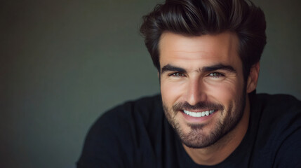 Obraz premium Confident and happy man with perfect white teeth smiling brightly in a portrait against a neutral background