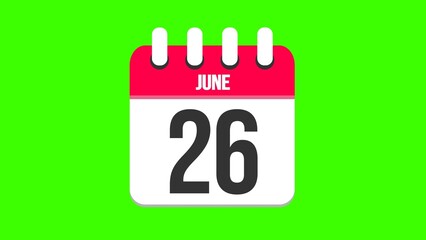 June 26. Cartoon style calendar. Cartoon style calendar with date and month name on green chroma key background. 4k.