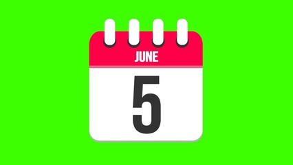 June 5. Cartoon style calendar. Cartoon style calendar with date and month name on green chroma key background. 4k.