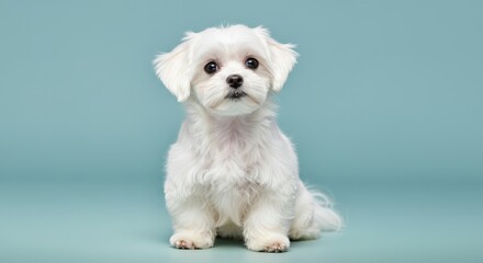 Obraz premium Adorable maltese puppy on soft blue background for pet lovers and animal themed decor