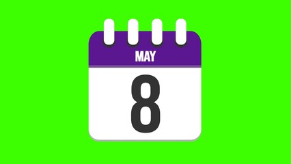 May 8. Cartoon style calendar. Cartoon style calendar with date and month name on green chroma key background. 4k.