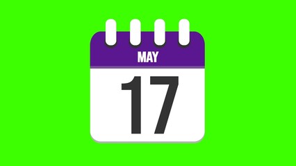 May 17. Cartoon style calendar. Cartoon style calendar with date and month name on green chroma key background. 4k.