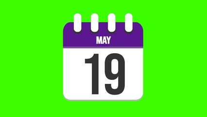 May 19. Cartoon style calendar. Cartoon style calendar with date and month name on green chroma key background. 4k.