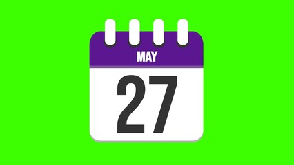 May 27. Cartoon style calendar. Cartoon style calendar with date and month name on green chroma key background. 4k.