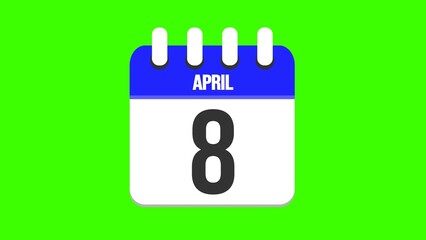 April 8. Cartoon style calendar. Cartoon style calendar with date and month name on green chroma key background. 4k.