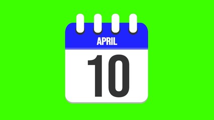 April 10. Cartoon style calendar. Cartoon style calendar with date and month name on green chroma key background. 4k.