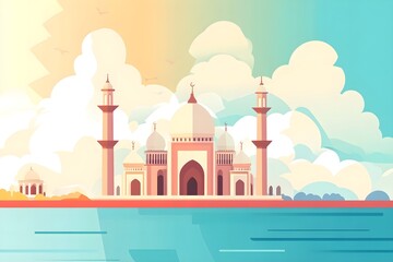 mosque, illustration, architecture, religion, design, minaret, landmark, building, travel, heritage, india, spirituality, dome, sky, vector, asia, culture, historical building, crescent moon, artwork,
