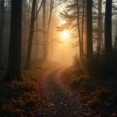 Path through forest with sunlight and mist