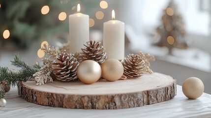 Cozy Christmas centerpiece with candles and pine cones.
