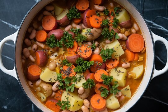 A photo of a white pot filled with a hearty orange-colored stew