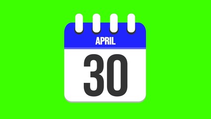 April 30. Cartoon style calendar. Cartoon style calendar with date and month name on green chroma key background. 4k.