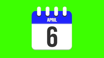April 6. Cartoon style calendar. Cartoon style calendar with date and month name on green chroma key background. 4k.