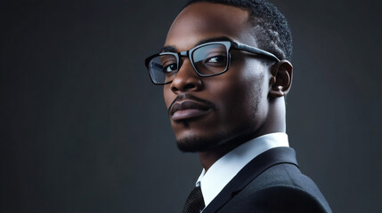 Fototapeta premium Serious businessman in glasses and suit looking over his shoulder against a dark gray backdrop in a portrait