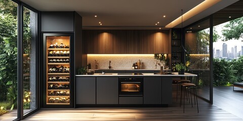 Modern luxury kitchen with wine cooler, island, and outdoor view.
