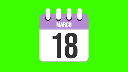 March 18. Cartoon style calendar. Cartoon style calendar with date and month name on green chroma key background. 4k.