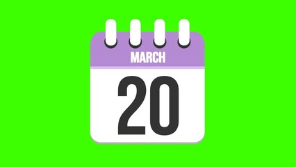 March 20. Cartoon style calendar. Cartoon style calendar with date and month name on green chroma key background. 4k.