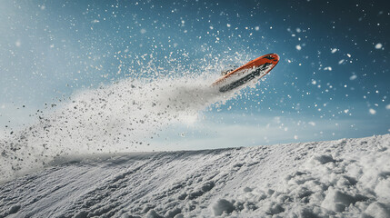Fototapeta premium A dramatic shot of a sled mid-air as it launches off a snow ramp.