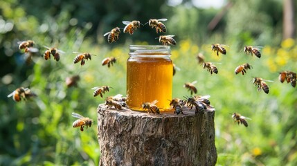 Bees gather around a jar of honey placed on a wooden stump in a vibrant garden during a sunny day