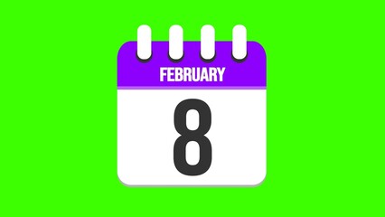 February 8. Cartoon style calendar. Cartoon style calendar with date and month name on green chroma key background. 4k.
