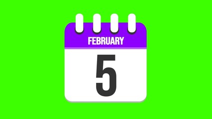 February 5. Cartoon style calendar. Cartoon style calendar with date and month name on green chroma key background. 4k.