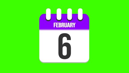 February 6. Cartoon style calendar. Cartoon style calendar with date and month name on green chroma key background. 4k.