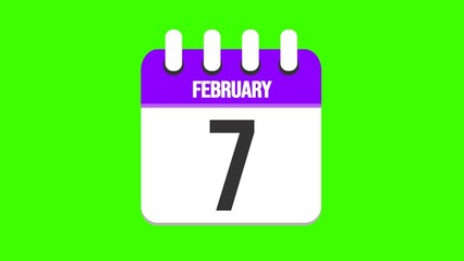 February 7. Cartoon style calendar. Cartoon style calendar with date and month name on green chroma key background. 4k.