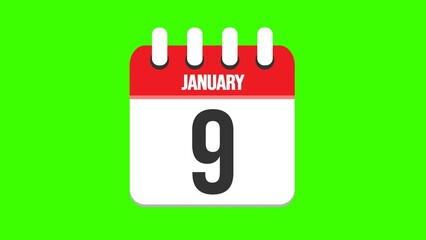 January 9. Cartoon style calendar. Cartoon style calendar with date and month name on green chroma key background. 4k.