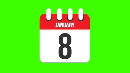 January 8. Cartoon style calendar. Cartoon style calendar with date and month name on green chroma key background. 4k.
