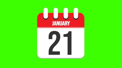 January 21. Cartoon style calendar. Cartoon style calendar with date and month name on green chroma key background. 4k.