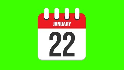 January 22. Cartoon style calendar. Cartoon style calendar with date and month name on green chroma key background. 4k.