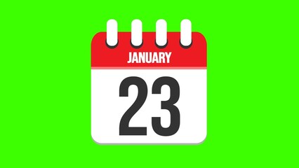 January 23. Cartoon style calendar. Cartoon style calendar with date and month name on green chroma key background. 4k.