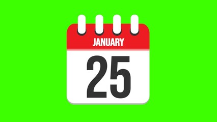 January 25. Cartoon style calendar. Cartoon style calendar with date and month name on green chroma key background. 4k.