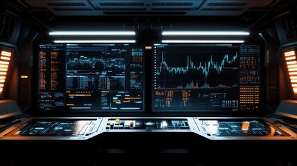 Fototapeta premium Futuristic trading room with large monitors displaying stock market data and charts.