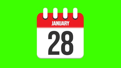 January 28. Cartoon style calendar. Cartoon style calendar with date and month name on green chroma key background. 4k.