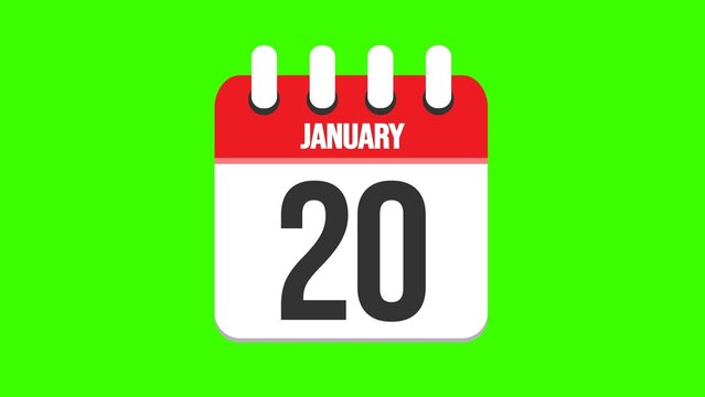 January 20. Cartoon style calendar. Cartoon style calendar with date and month name on green chroma key background. 4k.
