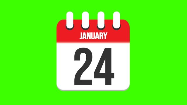 January 24. Cartoon style calendar. Cartoon style calendar with date and month name on green chroma key background. 4k.