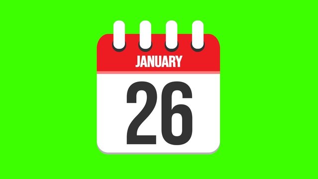 January 26. Cartoon style calendar. Cartoon style calendar with date and month name on green chroma key background. 4k.