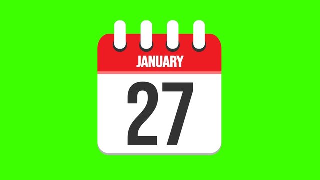 January 27. Cartoon style calendar. Cartoon style calendar with date and month name on green chroma key background. 4k.
