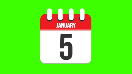 January 5. Cartoon style calendar. Cartoon style calendar with date and month name on green chroma key background. 4k.