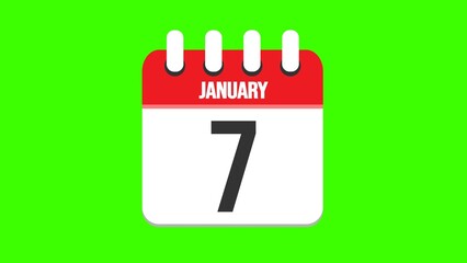January 7. Cartoon style calendar. Cartoon style calendar with date and month name on green chroma key background. 4k.