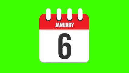 January 6. Cartoon style calendar. Cartoon style calendar with date and month name on green chroma key background. 4k.