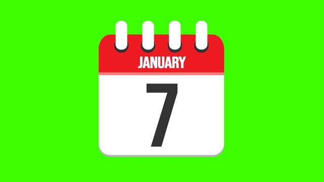 January 7. Cartoon style calendar. Cartoon style calendar with date and month name on green chroma key background. 4k.